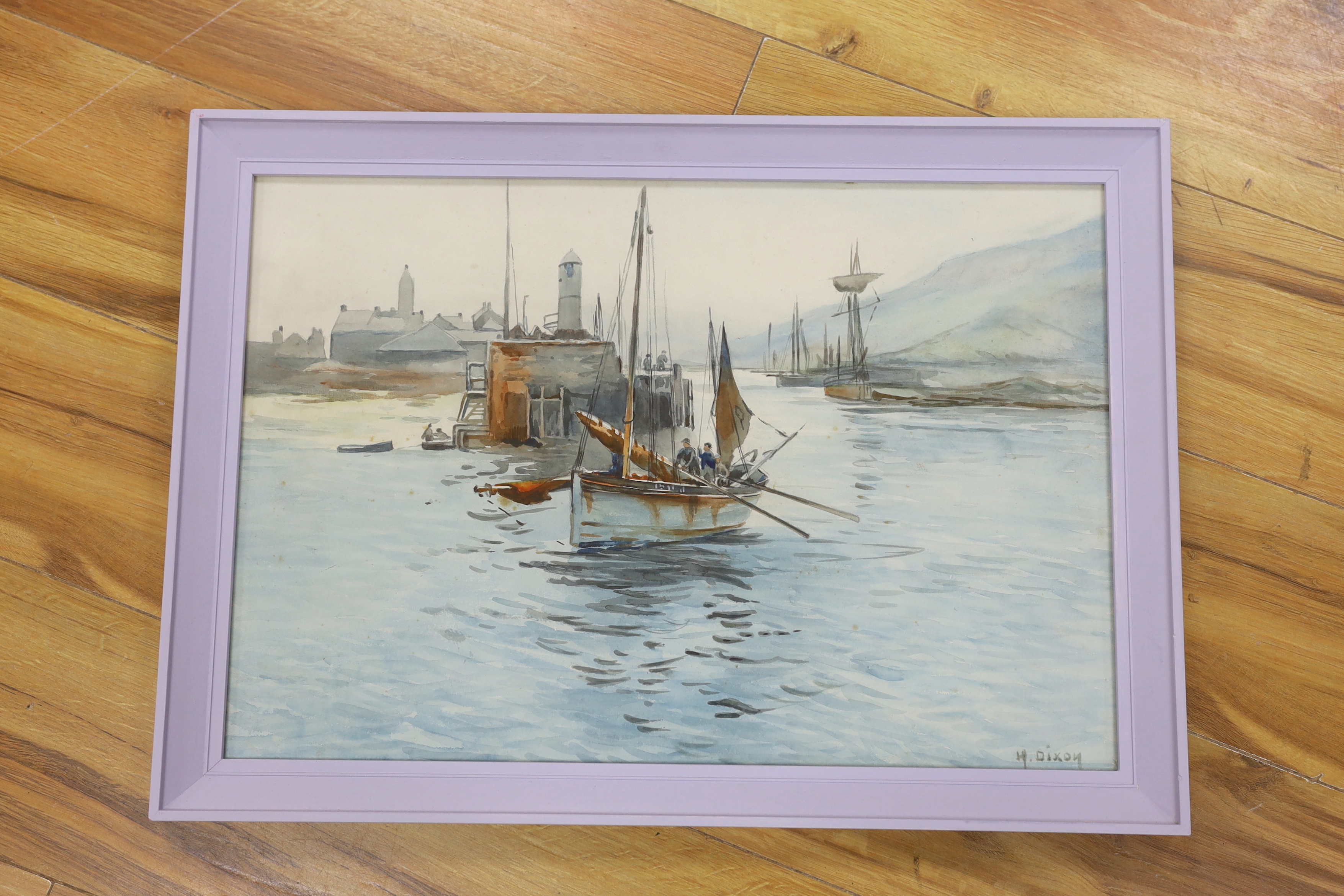 H Dixon, watercolour, Estuary scene with fishing boats, signed, 36 x 52cm